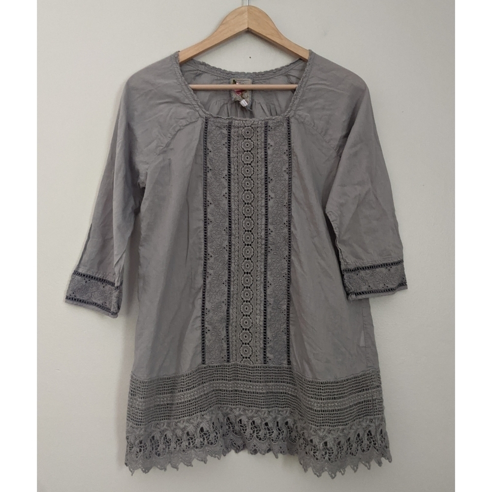Johnny Was Grey Embroidered 100% Cotton Tunic Top